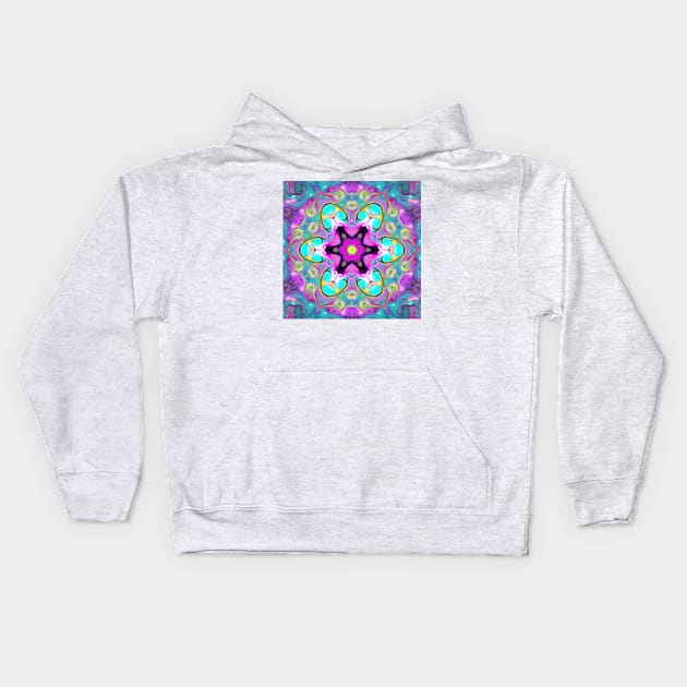 Psychedelic Mandala Flower Blue Pink and Yellow Kids Hoodie by WormholeOrbital